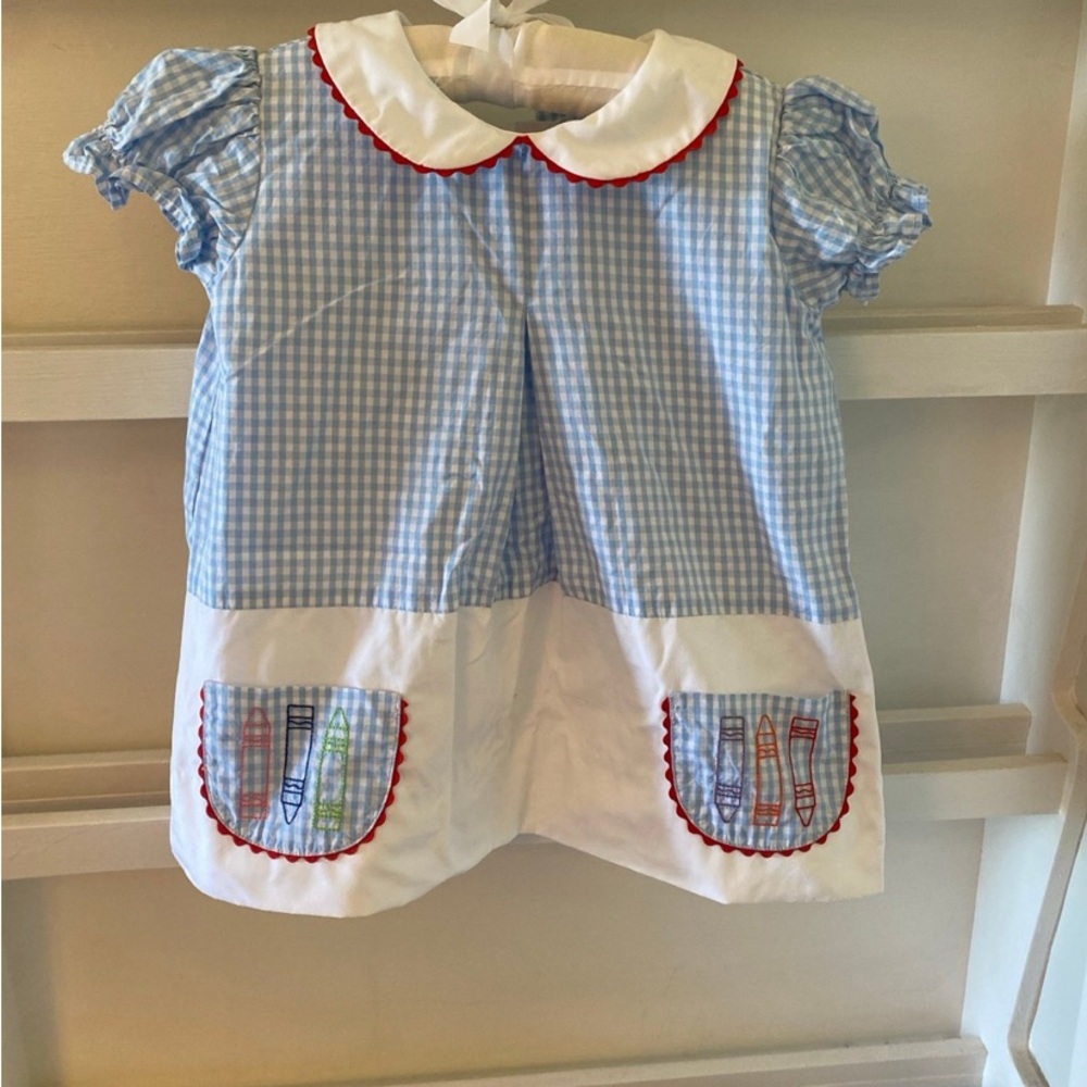 Blue and White Gingham Dress with Red Trim